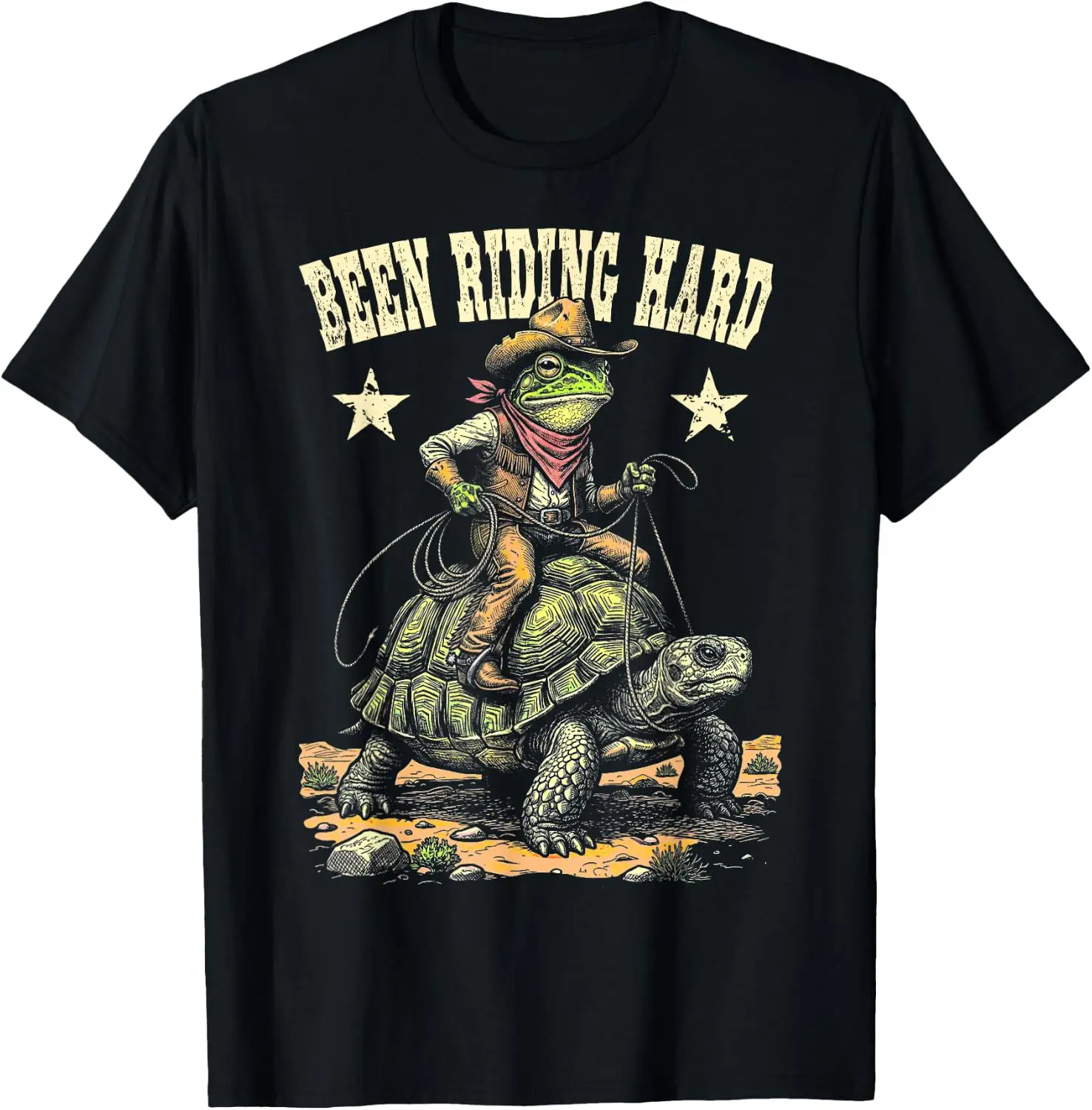 Funny Frog Cowboy Turtle Been Riding Hard Wild West T-Shirt Men Vintage Graphic T‑Shirt, Casual Crew Neck Short Sleeve Retro Art Print Tee, Classic Distressed Style Printed Top