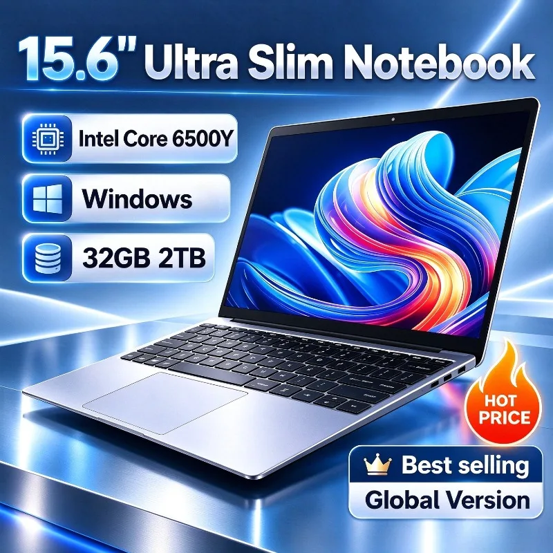 Intel 6500Y Large-Screen 15.6Inch Laptop 32GB RAM 1TB 2TB SSD Office Windows Notebook 5000mAh Gamer PC with Backlit Fingerprint