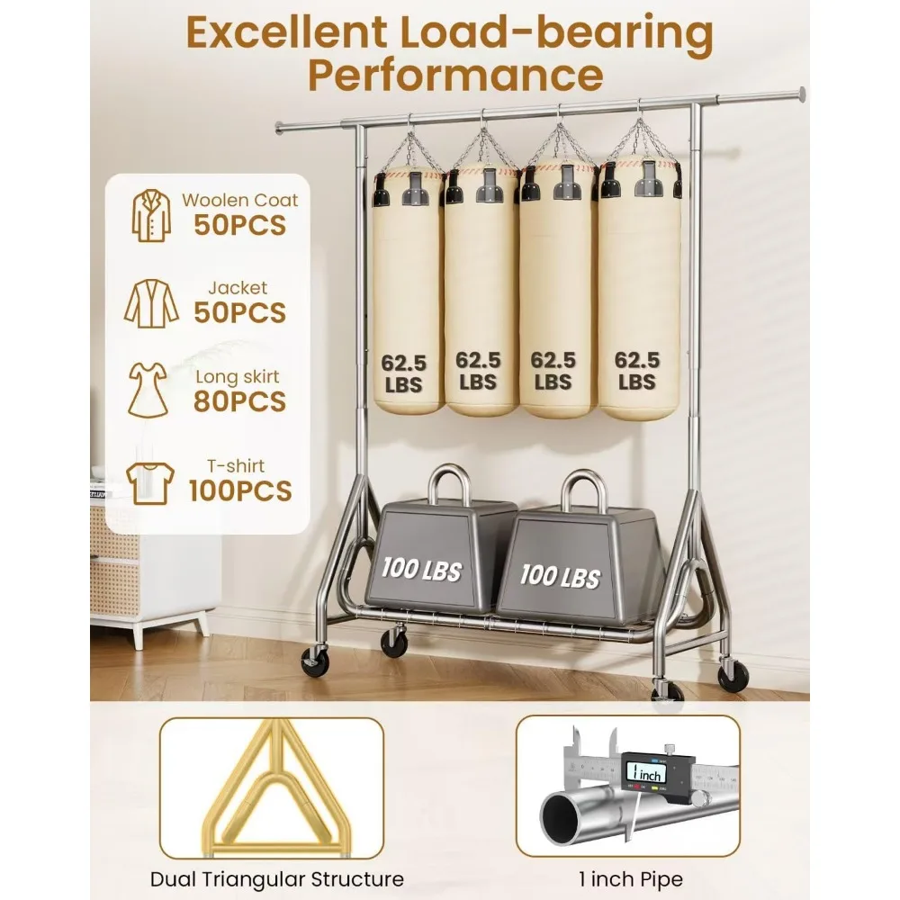 Прочная металлическая подвесная вешалка для одежды для тяжелых нагрузок, вместимость 450 фунтов, шкаф на колесиках с запираемыми роликами, идеально подходит для большой пары