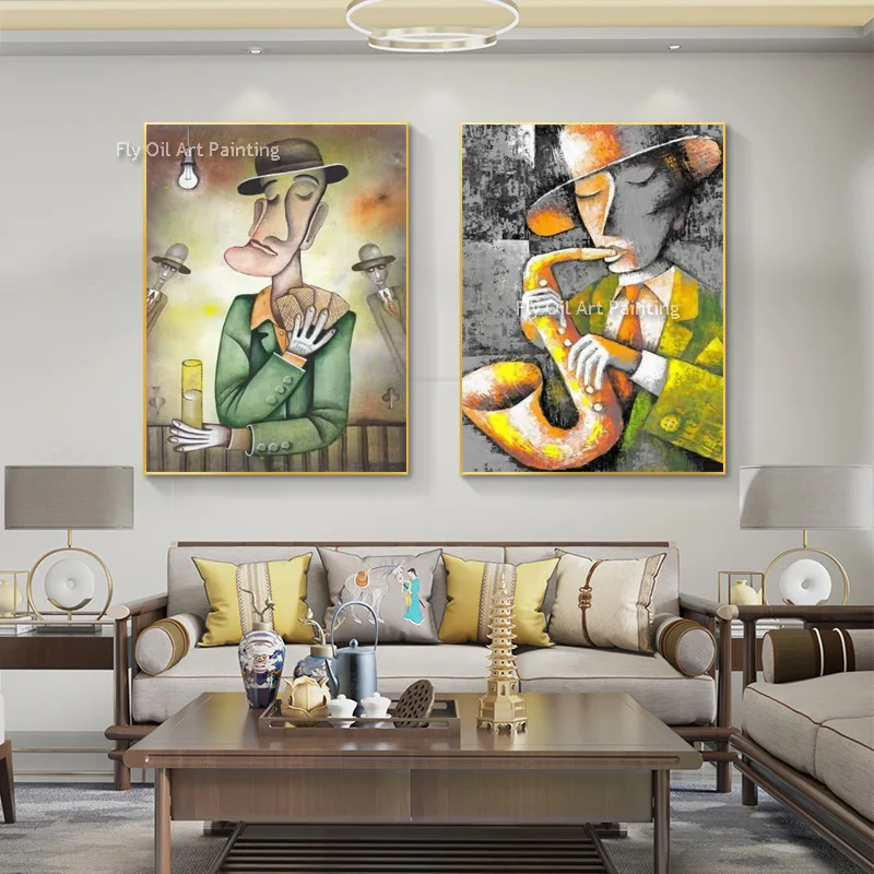 Hand Drawn Blue Gray White Woman And Men Canvas Wall Art Coloful Abtract Face Picasso Art Oil Painting Set Of Three For Decor