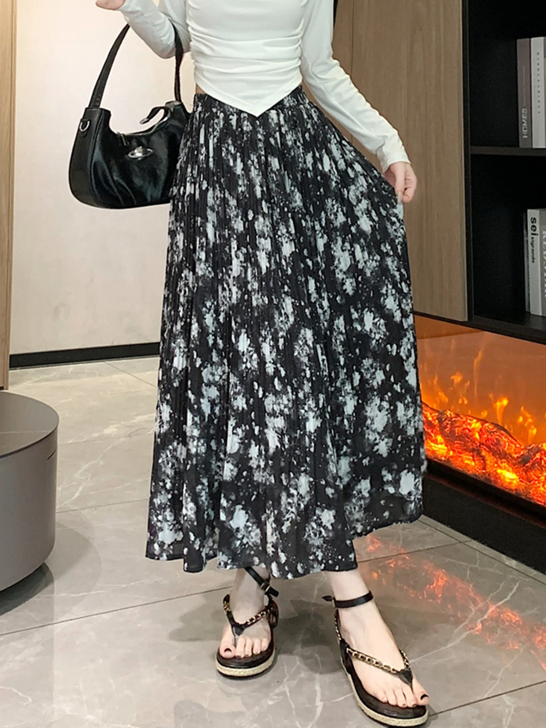 2024 New Spring Summer Women High Waist Slim Long Skirt High Quality Korean Style Elegant Vintage Floral Pleated Skirt