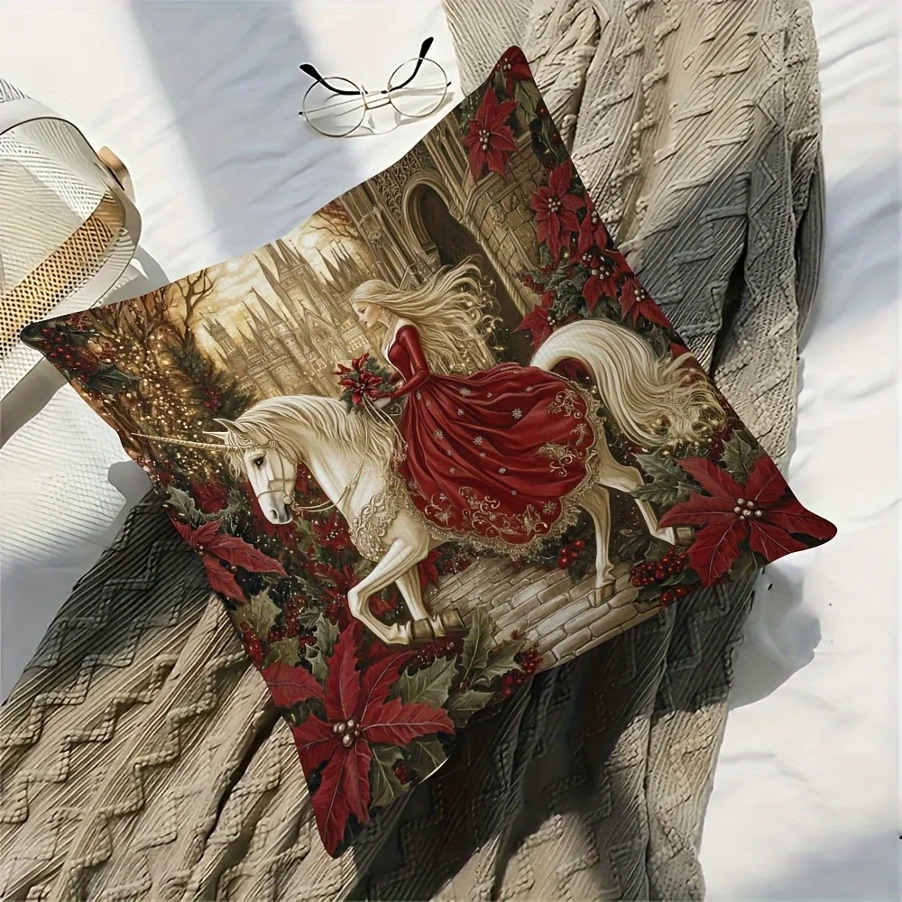 1pc Princess Riding Unicorn Christmas Double‑Sided Print Pillow Cover, Cushion Case for Sofa Bedroom, Insert Not Included