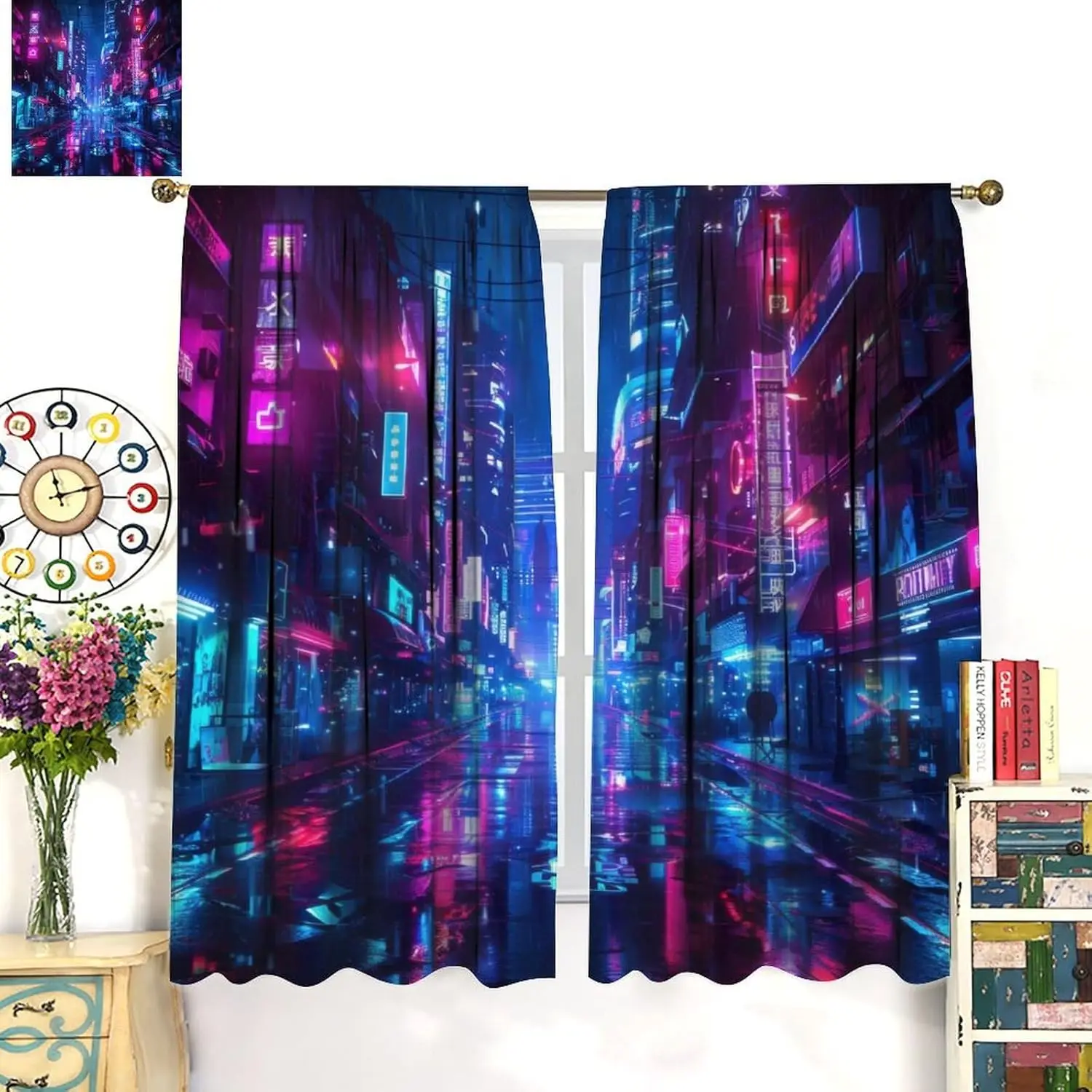 Cyberpunk Cityscape Blackout Curtains Neon Futuristic Urban Landscape Window Treatments for Gaming Room Sci-Fi Bedroom Tech Expo