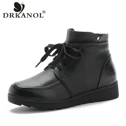 DRKANOL stivali da neve classici in vera pelle nera da donna stivaletti piatti in pelliccia di lana naturale per donna scarpe calde invernali taglia grande 43