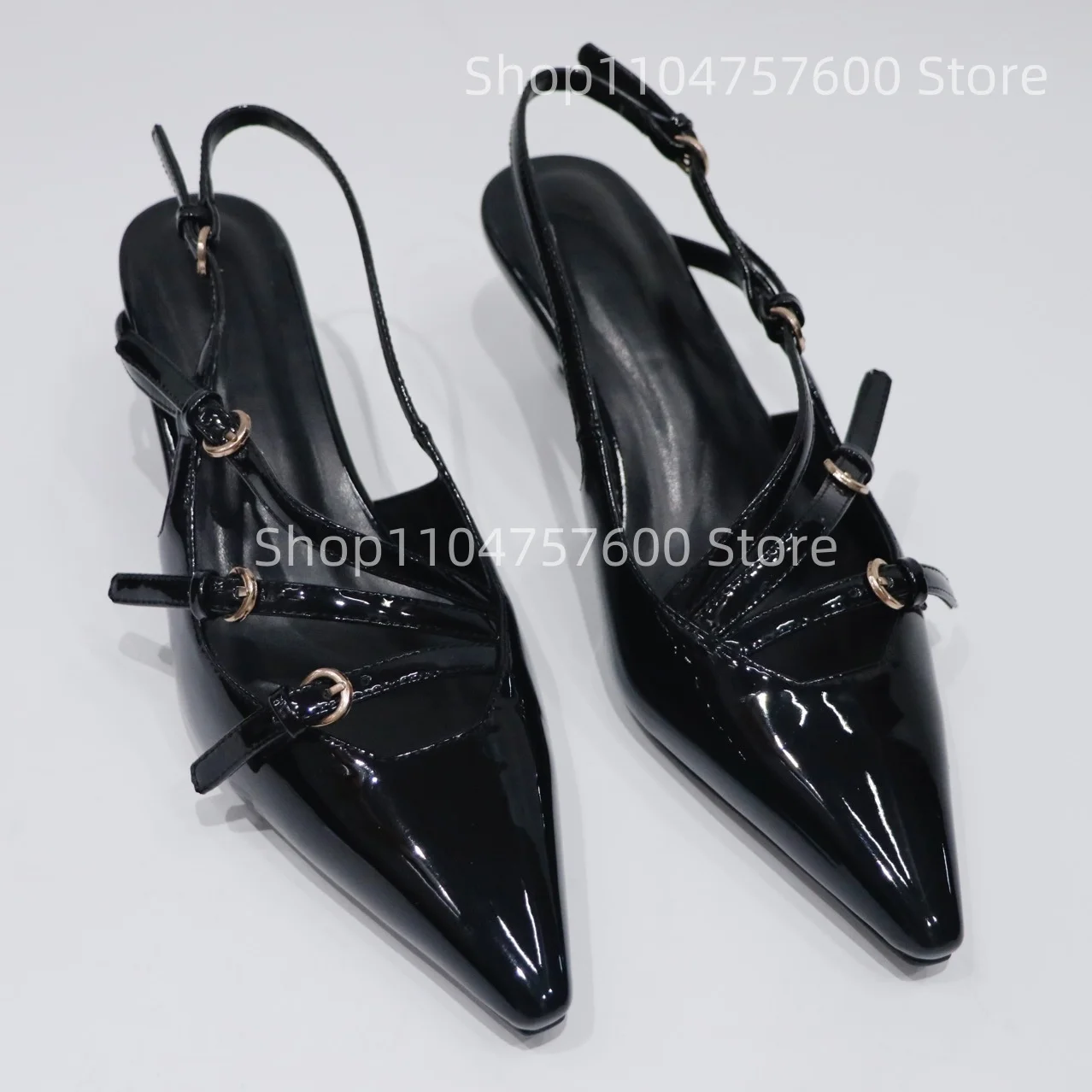 Women's Black Patent Leather Pointed Toe Slingback Heels Metal Buckle Decor Elegant Parties Work Daily Wear Large Size Lady Shoe
