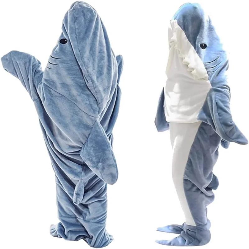 

Cartoon Shark Sleeping Bag Pajamas Office Nap Shark Blanket Oversized Hooded Flannel Animal Funny Homewear for Children Adult