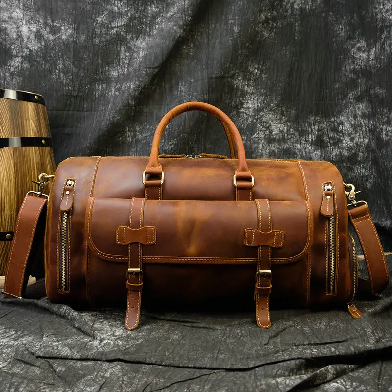 Men's Crazy Horse Leather Duffle Bag with Shoe Compartment Large Capacity Genuine Leather Travel Handbag Gym Weekend Luggage Bag