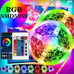 RGB LED Strip Lights para Quartos, Luz de fundo, 5050, Controle Remoto IR, Bluetooth, Controle APP, USB, 1m, 2m, 3m, 4m, 5m, 10m, 15m, 20m, Decoração do Festival