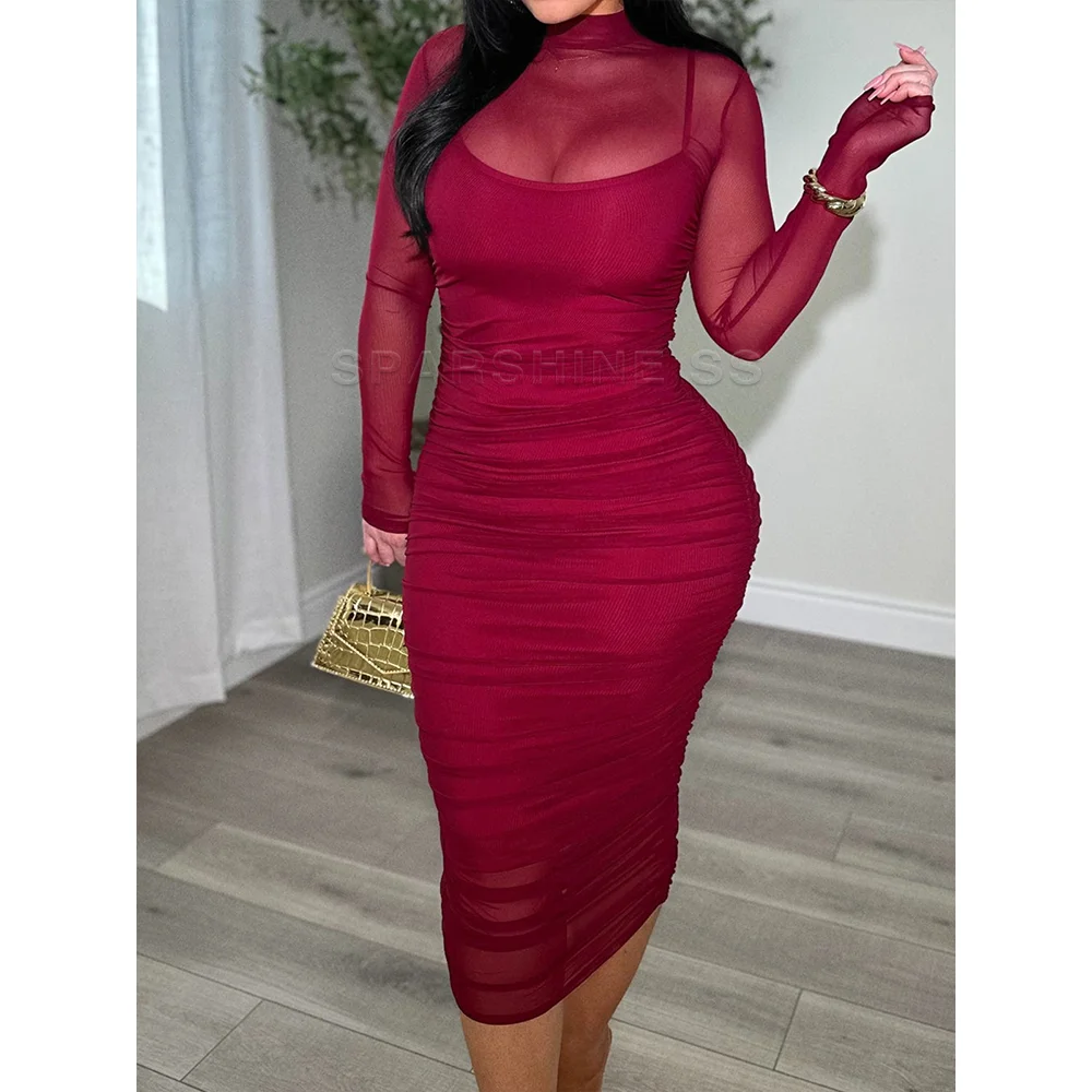 여성의 섹시한 셔링 메쉬 쉬어 모의 목 긴 소매 Bodycon 복장 슬림 패션 클럽 우아한 파티 드레스 streetwear