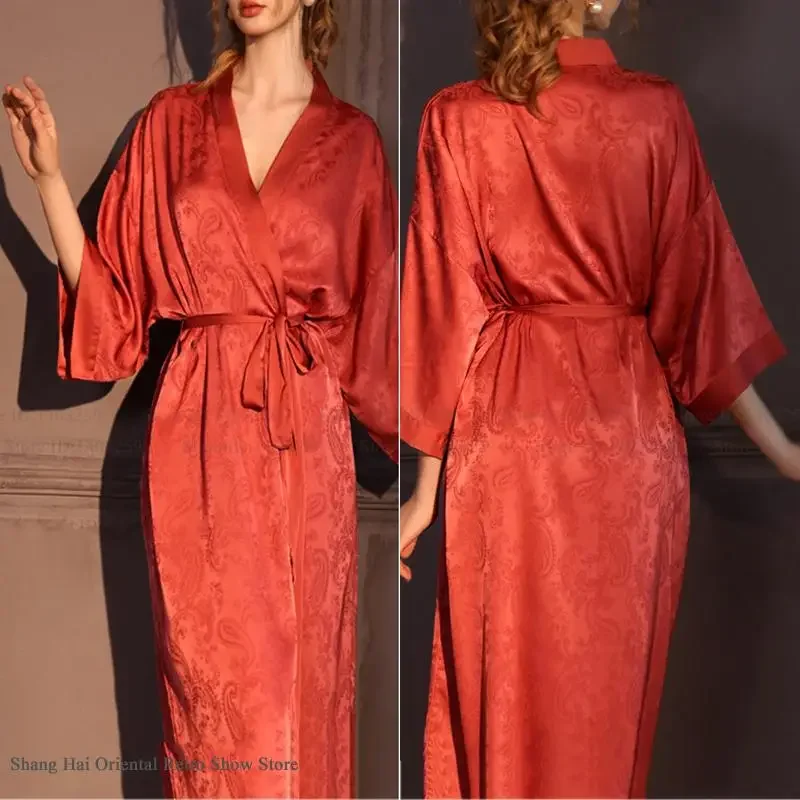 Luxury Jacquard Long Robe Nightgown Women Half Sleeve Kimono Bathrobe Gown Satin Ice Silk Sleepwear Sexy Home Dress Lounge Wear