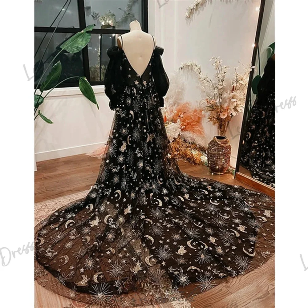 

Lena-Mysterious Bubble Sleeves Prom Dress 2024 Star Embroidered Black Evening Dress Tulle Large hem Tail Robe De Soiree