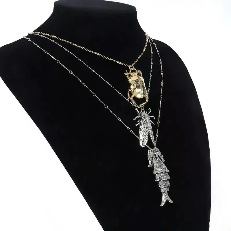 3 قطع نمط عصري مختلط وطبقات، تصميم جديد مبالغ فيه ريترو شل السمك علة قلادة المرأة قلادة مجموعة هدية حفلة يومية #3