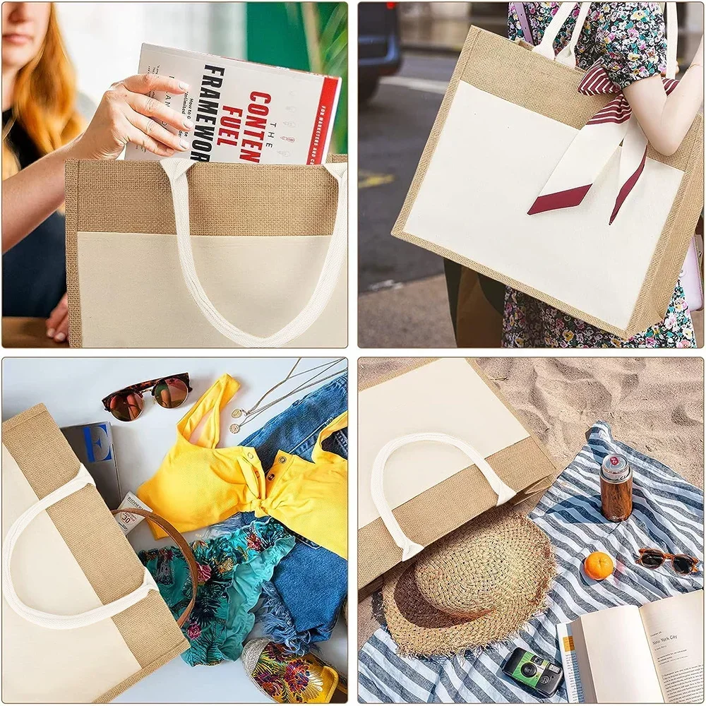 Burlap Eco Shopping Bags Tote Bag Jute Vintage Reusable Imitation Sacks Grocery Organizer Print Text Series Beach Handbags