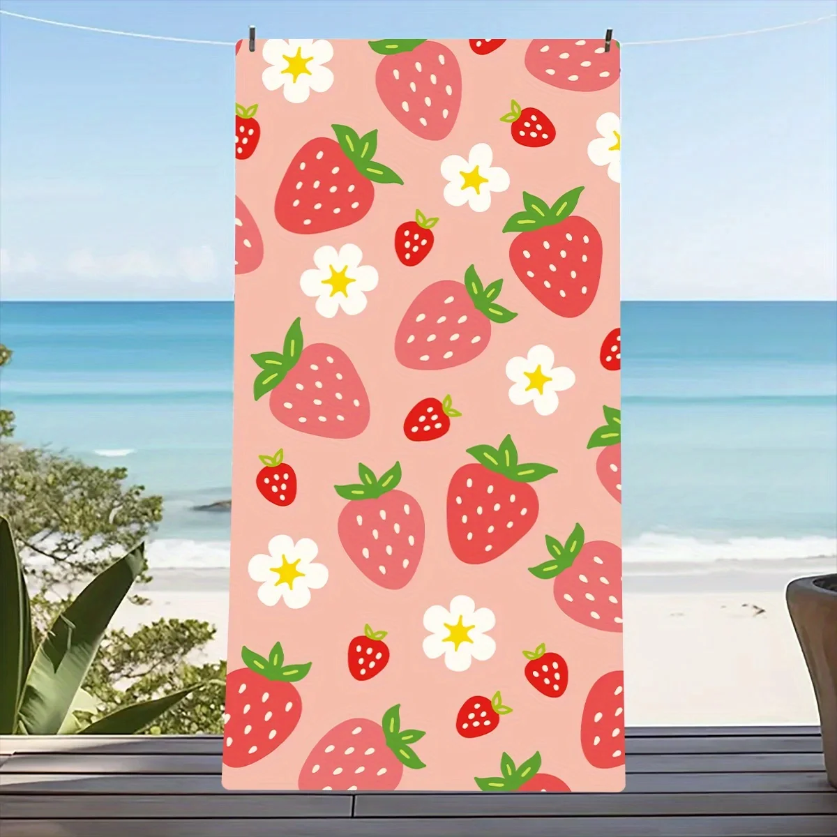 Beach towel pink background strawberry pattern sunscreen windproof suitable for beach pool camping travel beach blanket