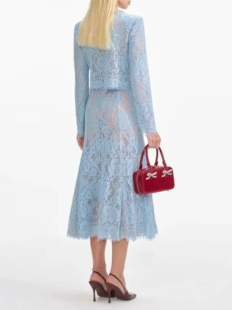 LEOSOXS mode femmes solide évider deux pièces ensemble col rond à manches longues haut taille haute jupe élégant Chic ensembles femme nouveau