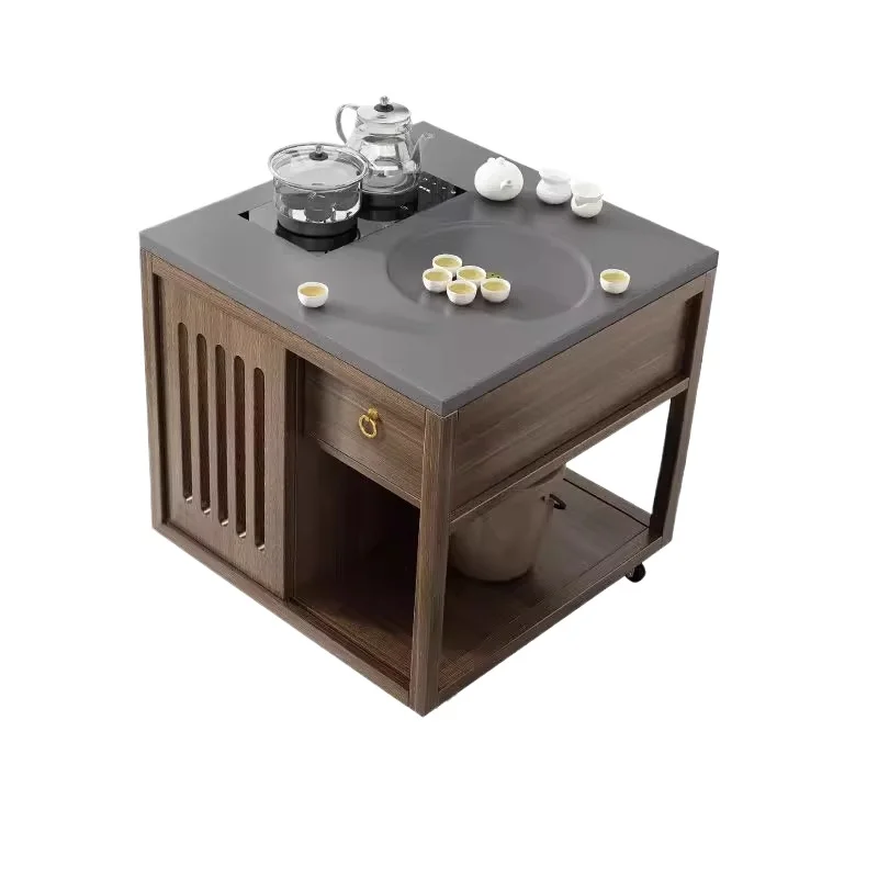 

Solid wood tea table household small balcony living room tea table new Chinese style a complete set of movable