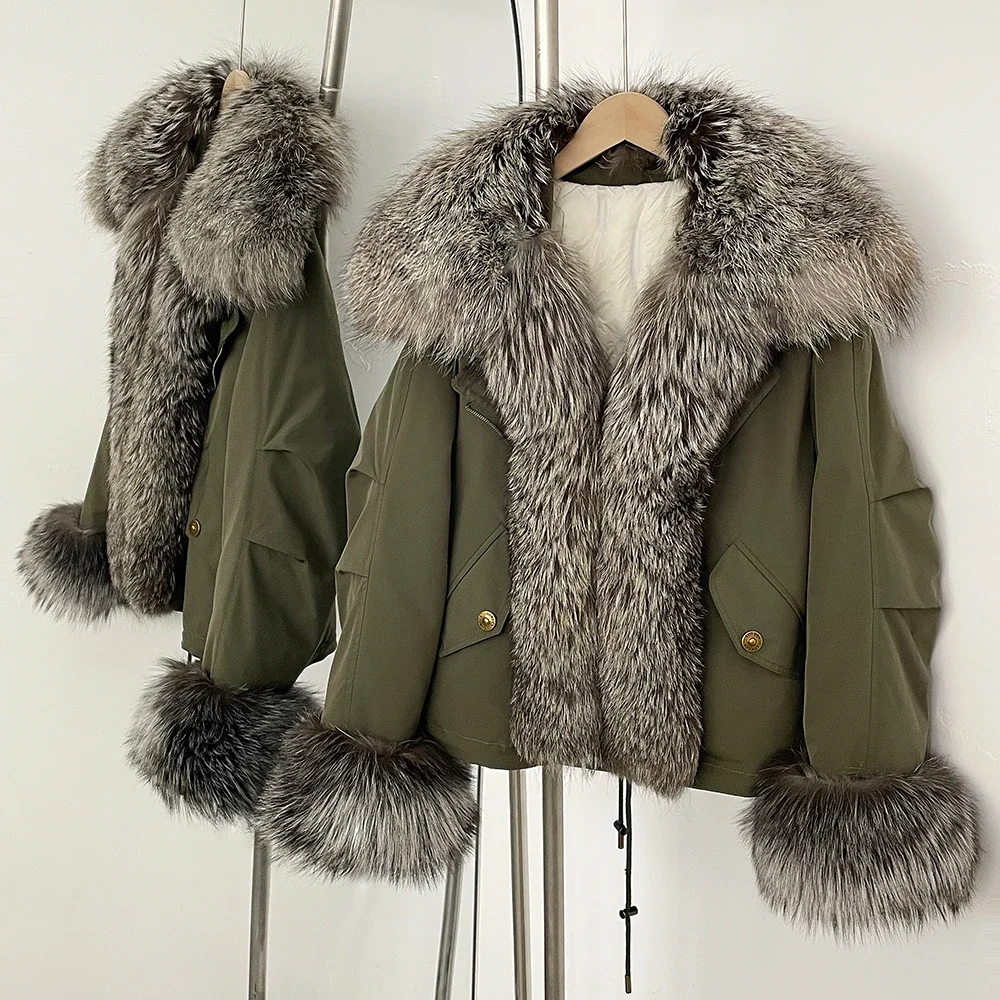كبير حقيقي الثعلب الفراء طوق الأبيض بطة أسفل معطف دافئ جديد الخريف موضة الطبيعية الثعلب الفراء أسفل سترة المرأة الشتاء سترة منفوخة