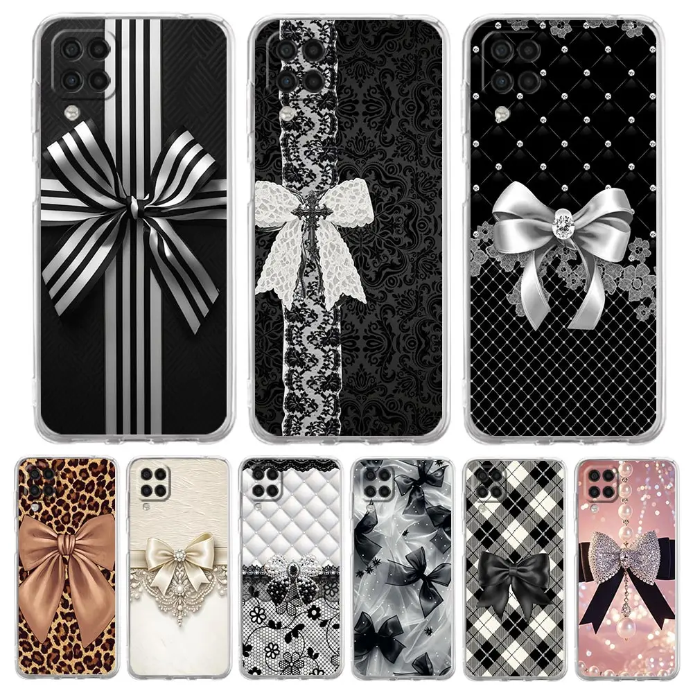 Soft TPU for Samsung Galaxy A13 A15 A17 A23 A25 A32 A33 A35 A52 A53 A55 Transparent Phone Case Black Bowknot Faux Pearl Painted