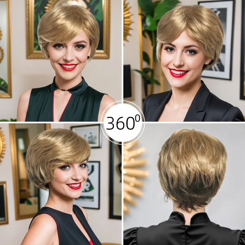 European and American style women's wig, golden retro water wave pattern, realistic stage party short hair, high-temperature sil