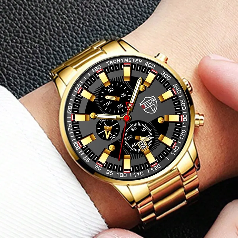 3PCS Set Luxury Mens Calendar Watches Men Business Stainless Steel Quartz Wristwatch Male Casual Necklace Bracelet Wristwatch