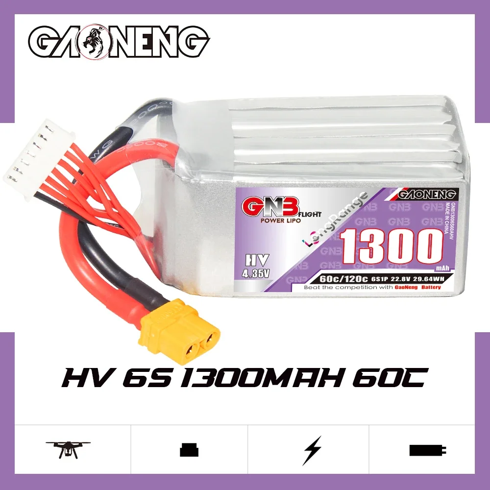 

GAONENG GNB 1300mAh HV 6S 60C 120C 22.8V XT60 LiPo Battery Long Range 5 to 6 inch Drone 180-330mm Brushless FPV Evoque F5D/F5X