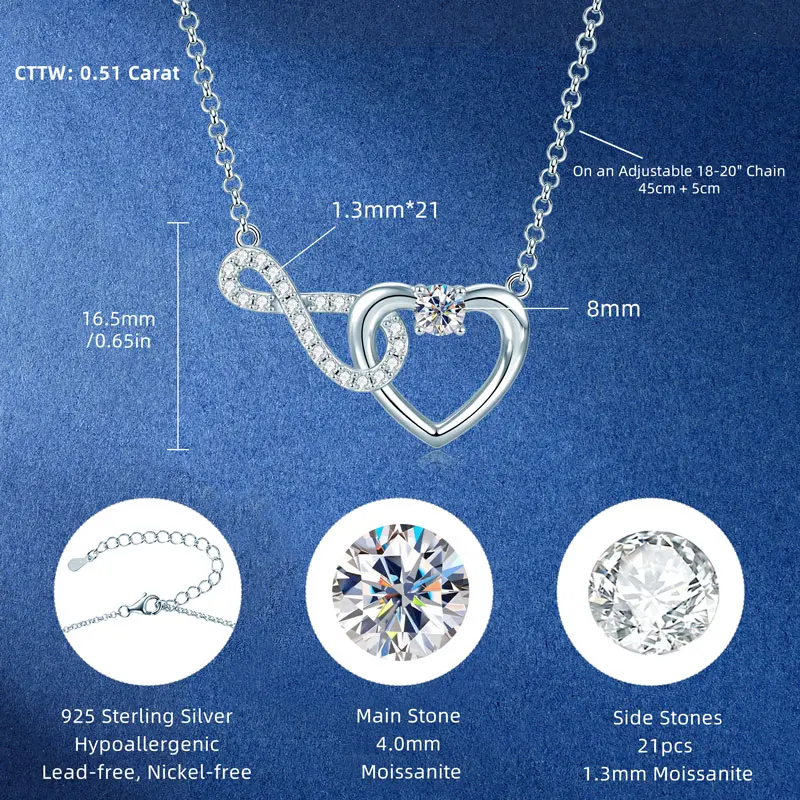 RAPRGOLD All Moissanite Infinity Heart Pendant Necklaces for Women Real S925 Sterling Silver Clavicle Chains Fine Jewelry Gifts