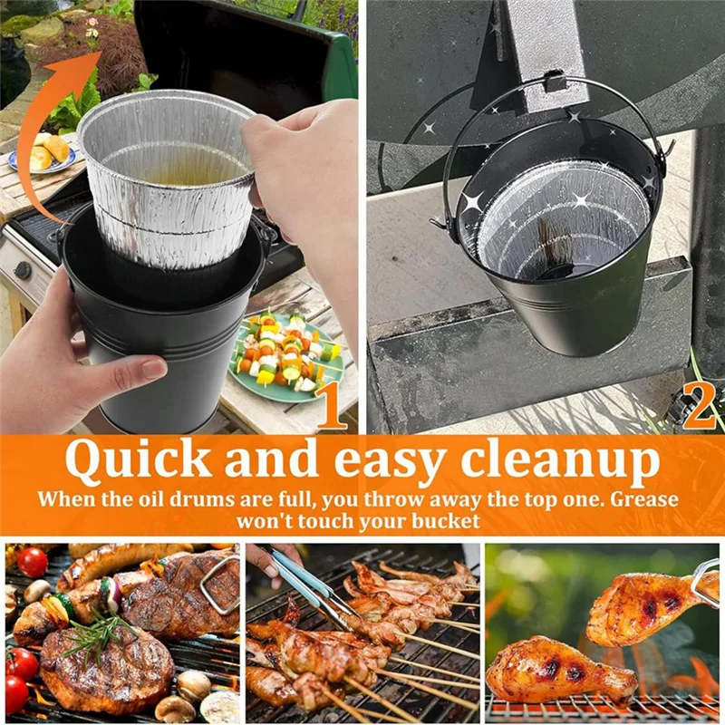 

A08M-Grill Bucket For Grease Traeger Grease Bucket With 15 Tin Liners Rust-Proof Iron Alloy Drip Grease Can Tin Liners
