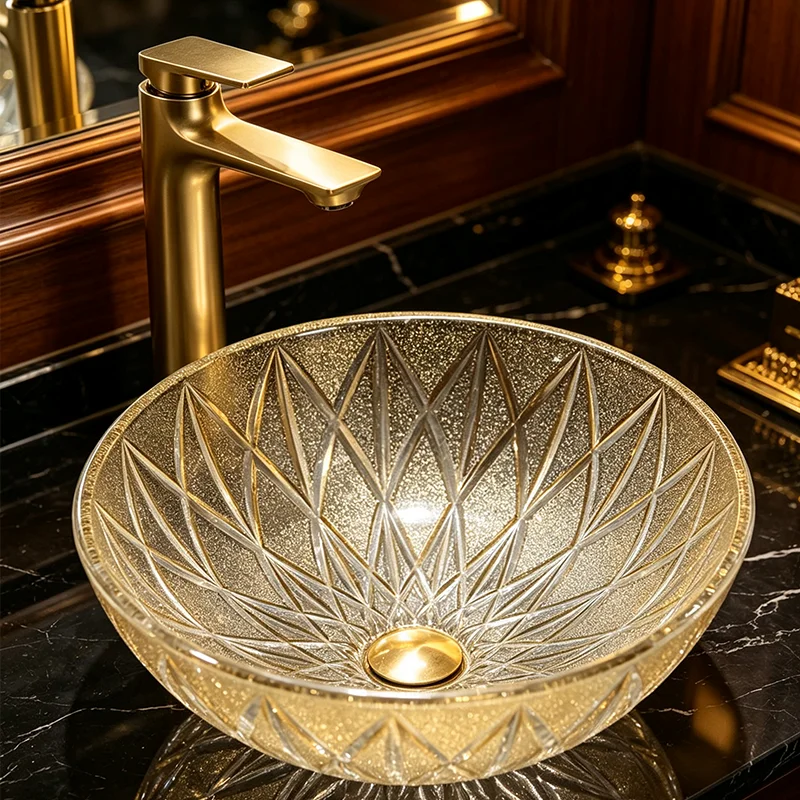Golden Glass Countertop Basin, with a Simple and Elegant Round Shape, the Light Passes through the Basin Body, Reflecting Dynamic Light and Shadow, Creating a Rich Atmosphere. the Three-Dimensional Diamond Design Adds More Layers to the Light and Shadow, Making It an Ideal Choice for Modern Bathroom Fixtures, Suitable for Dressing Rooms, Vanity Tables, and Home Bathroom Sinks, and Can Be Matched with Various Decor Styles (Accessories Not Included)