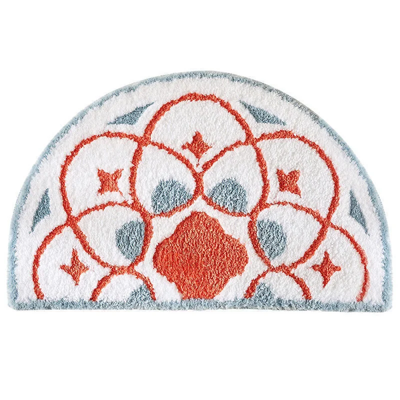 VIKAMA Retro Bohemian Sun Floral Pattern Soft Absorbent Non‑Slip Semi‑Circle Boho Bath Mat Shower Tub Entryway Home Decor