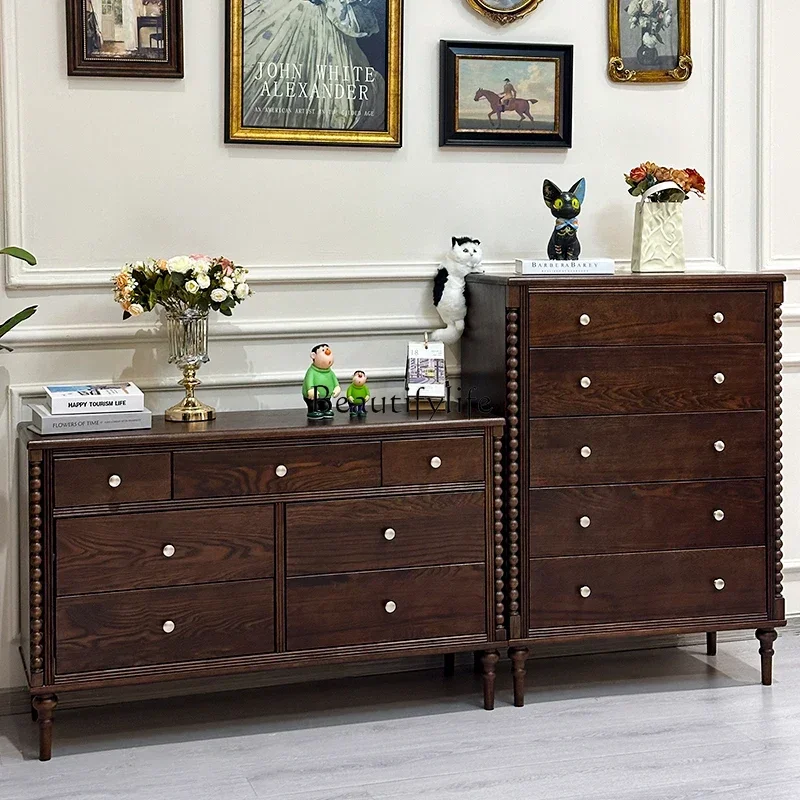 

3French Retro Solid Wood Living Room Wall-Mounted Storage Cabinet with Drawers