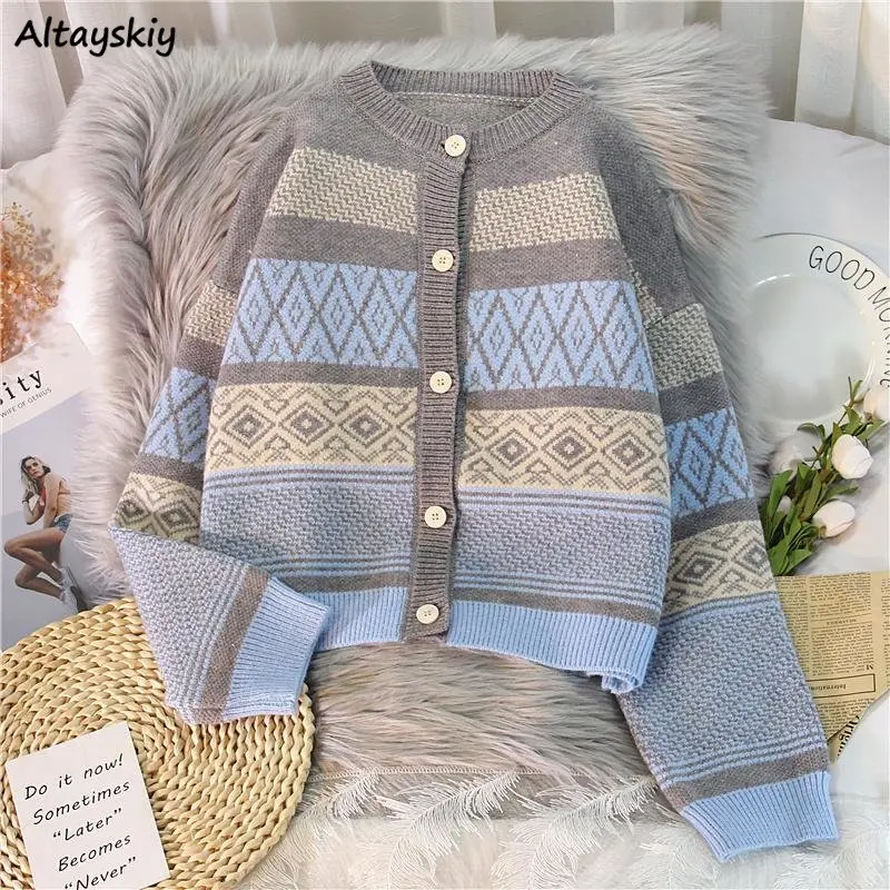 Striped Panelled Cardigan Women Vintage Design Casual Retro All-match Females Aesthetic Stylish Temperament Sweaters Clothing