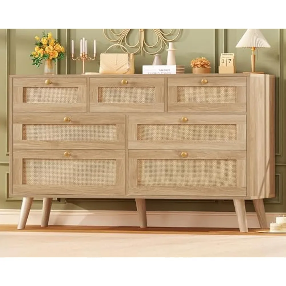Commode en rotin à 7 tiroirs de style Boho pour chambre à coucher, commode en bois naturel, organisateur de placard
