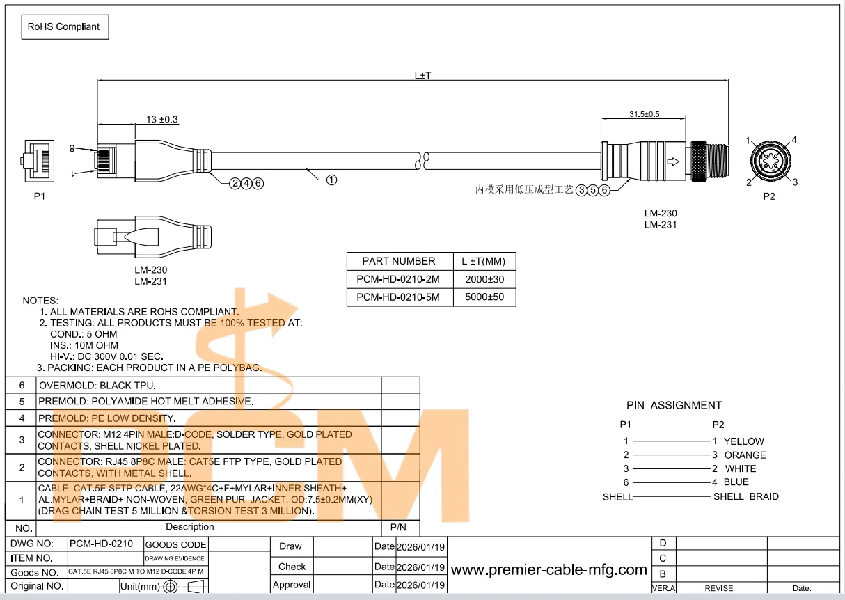 M12 Profinet Industrielles Ethernet-Kabel M12 D-Code 4-Pin Stecker auf RJ45 Stecker CAT5E Abgeschirmtes Netzwerkkabel IP67 Wasserdicht – Detail 3