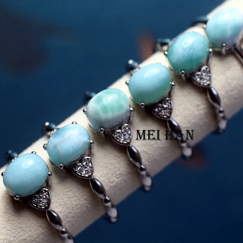 Meihan (Free Shipping) Natural A+ Larimar Oval Beads Adjustable Ring Women For Jewelry Making Gift