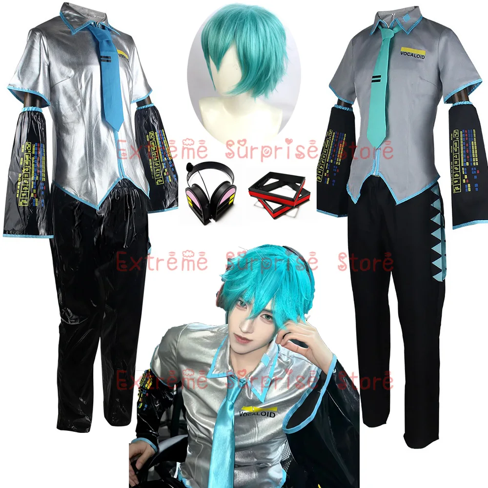 European Size Male Miku Cosplay Costume Wig Full Set Silver Leather Cloth Fabric Suit Mikuo Male Style Uniform Suits