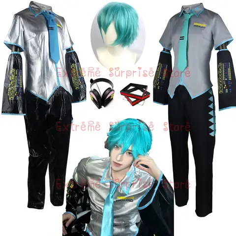 Parrucca del costume cosplay Miku maschio di taglia europea Set completo Abito in tessuto di stoffa in pelle argento Mikuo Abiti uniformi stile maschile