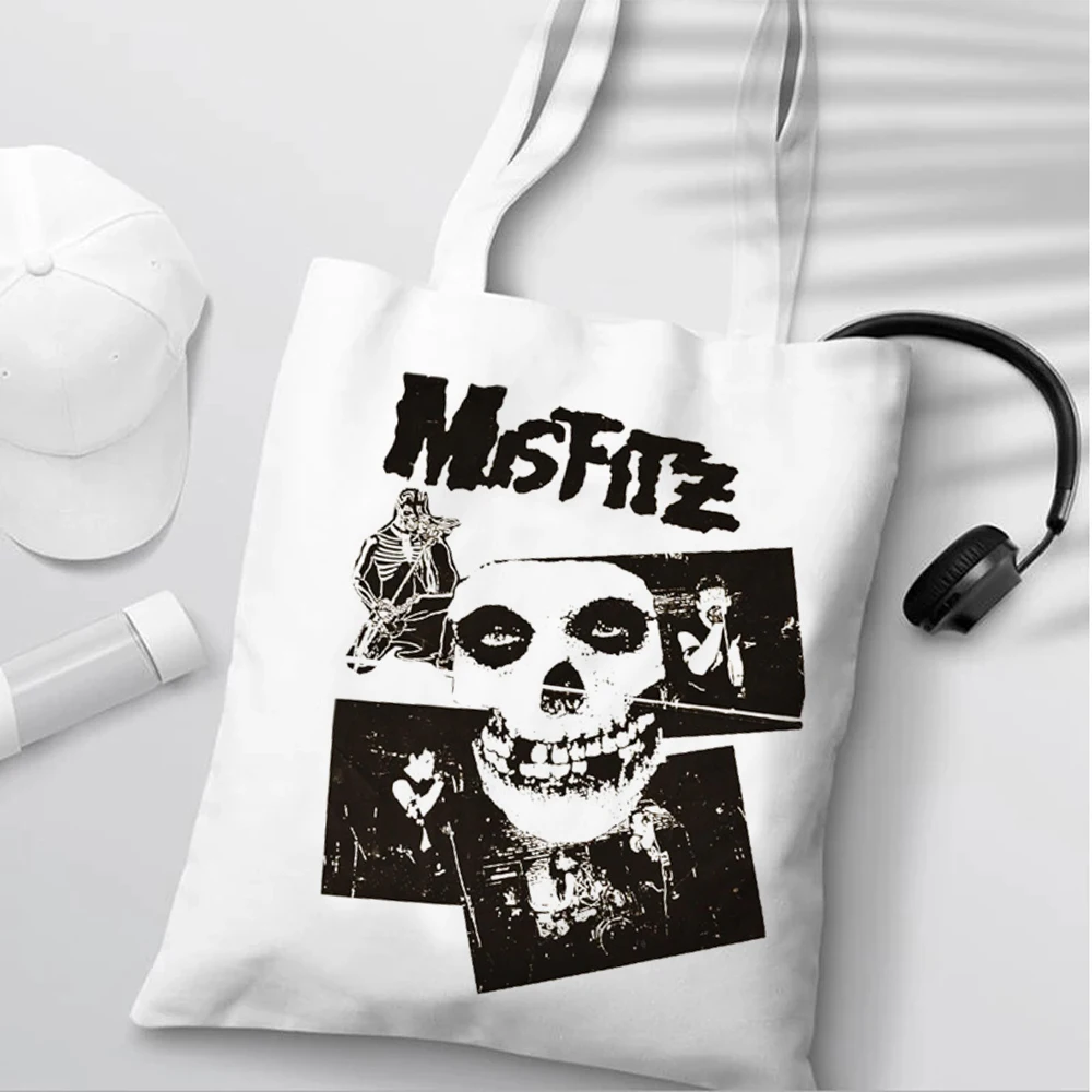 Skull Misfits Shopping Bag Canvas Tote Bags for Women Handbags Hip Hop Cartoon Black Eco Bag Reusable Shopping Bag