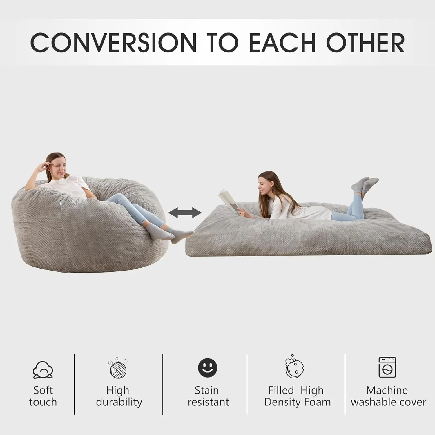 Chenille Bean Bag Chair, Variable Shape from Bean Bag to Matress, Convertible Beanbag Chair for Home, Living Room(Full, Grey)