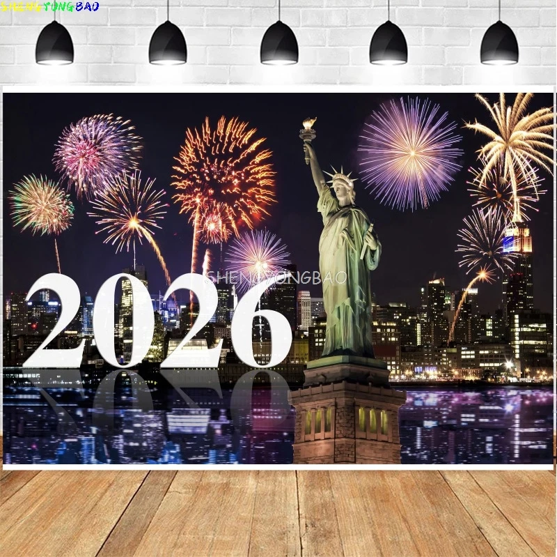 2026 الذهب سنة جديدة سعيدة خلفية بريق ساعة أضواء الشمبانيا بالونات عيد الميلاد الأسرة حفلة التصوير خلفية NY-03 #1