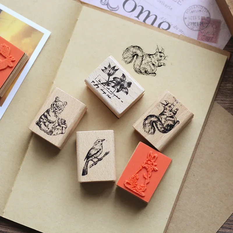 Cute Wooden Animal Stamps Rubber Stamp Scrapbooking Painting Cards Deer Panda Rabbit Flower Decor Fashion DIY Home Sewing Crafts