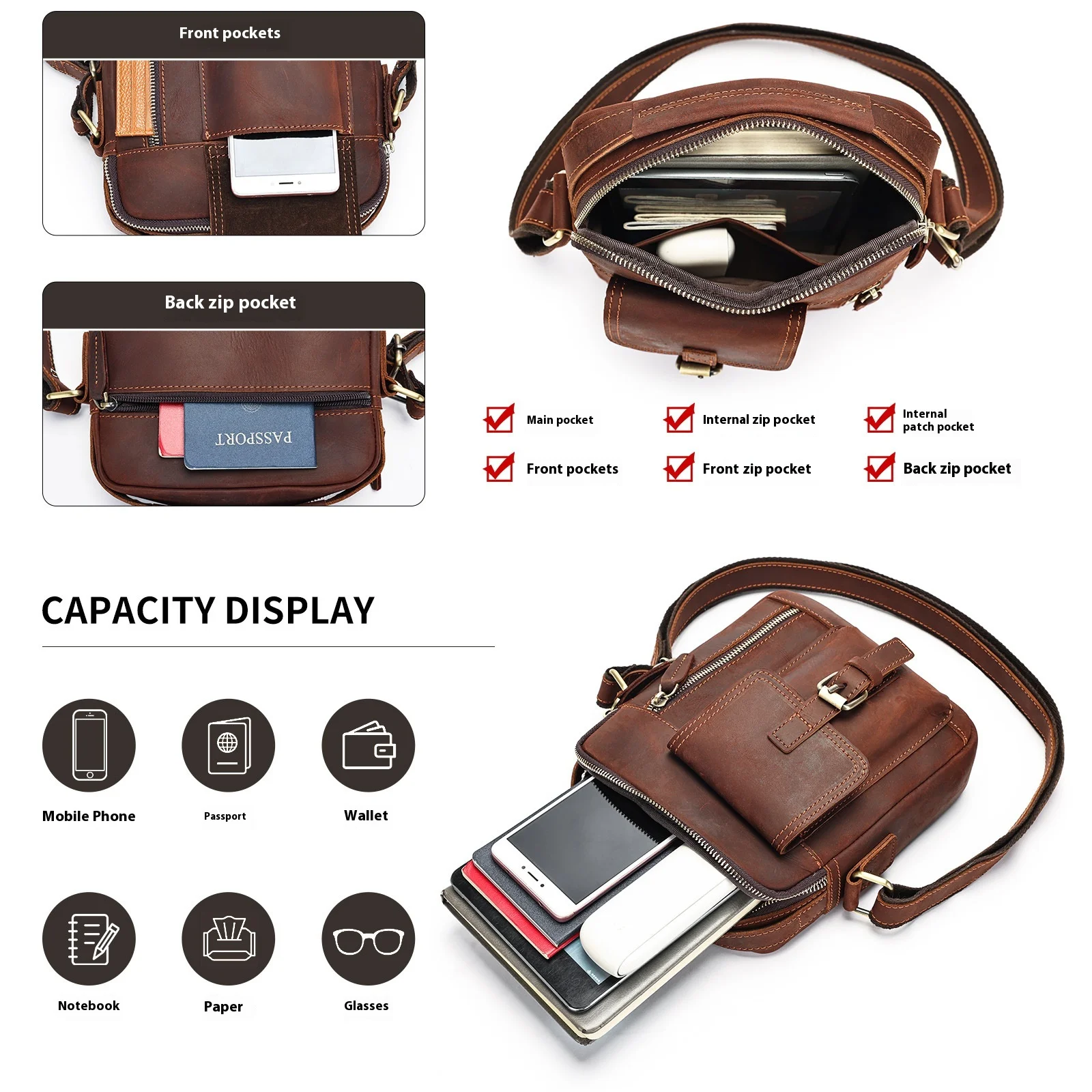 Men's Pull-Up Leather Crossbody Bag Vintage Distressed Messenger for Casual & Business (Shoulder Carry Convertible)