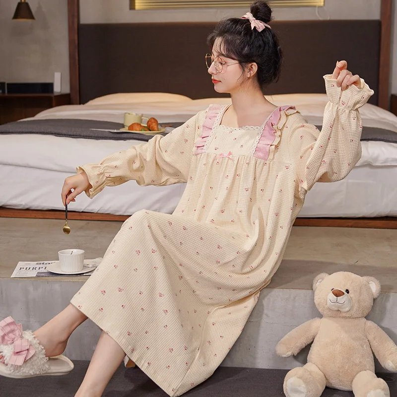 Large Size Dress Maternity Cotton Nightgown Summer Models Sweet Lovely Sleep Comfortable Homewear Cartoon Bear Solid Loungewear