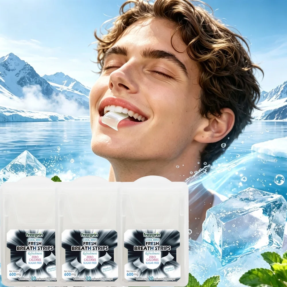 FREEGRIN Strong Mint Breath Strips Instant Dissolve Thin Oral Strips For Powerful Fresh Breath Portable Individually Wrapped INS