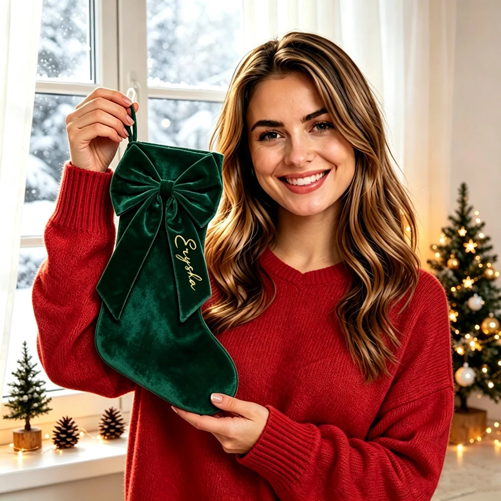 Personalized Velvet Christmas Stocking With Large Bow,Customizable With Name&Year,Fireplace Decorations&Festive For Family Party