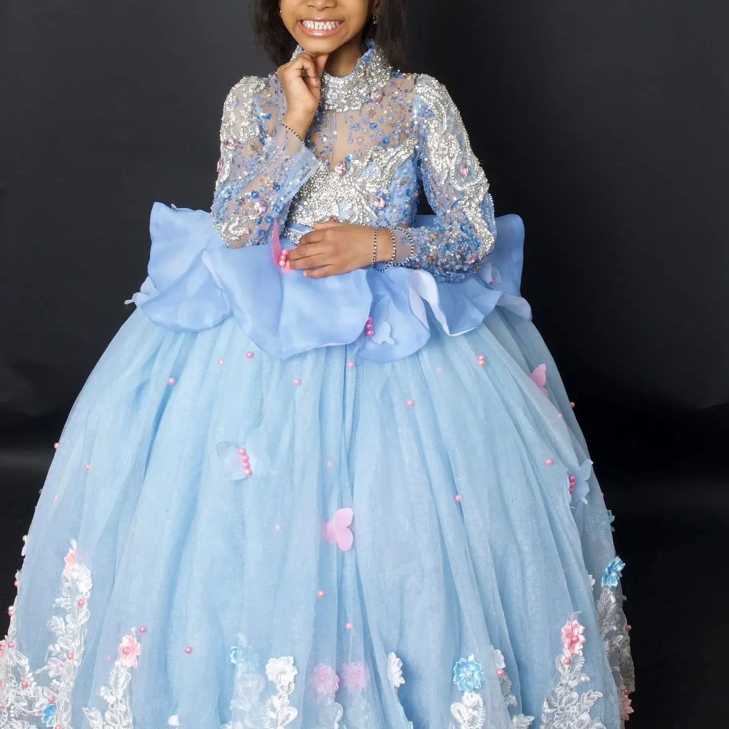 Vestidos de niña de flores azul cielo para boda, vestidos florales con cuentas, vestidos de fiesta de cumpleaños para niños, vestidos de primera comunión de princesa