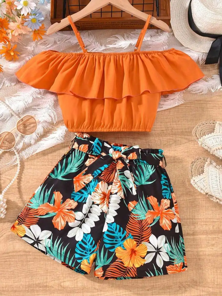 

2pcs Orange Off-Shoulder Ruffle Top And Tropical Print Shorts Set Summer