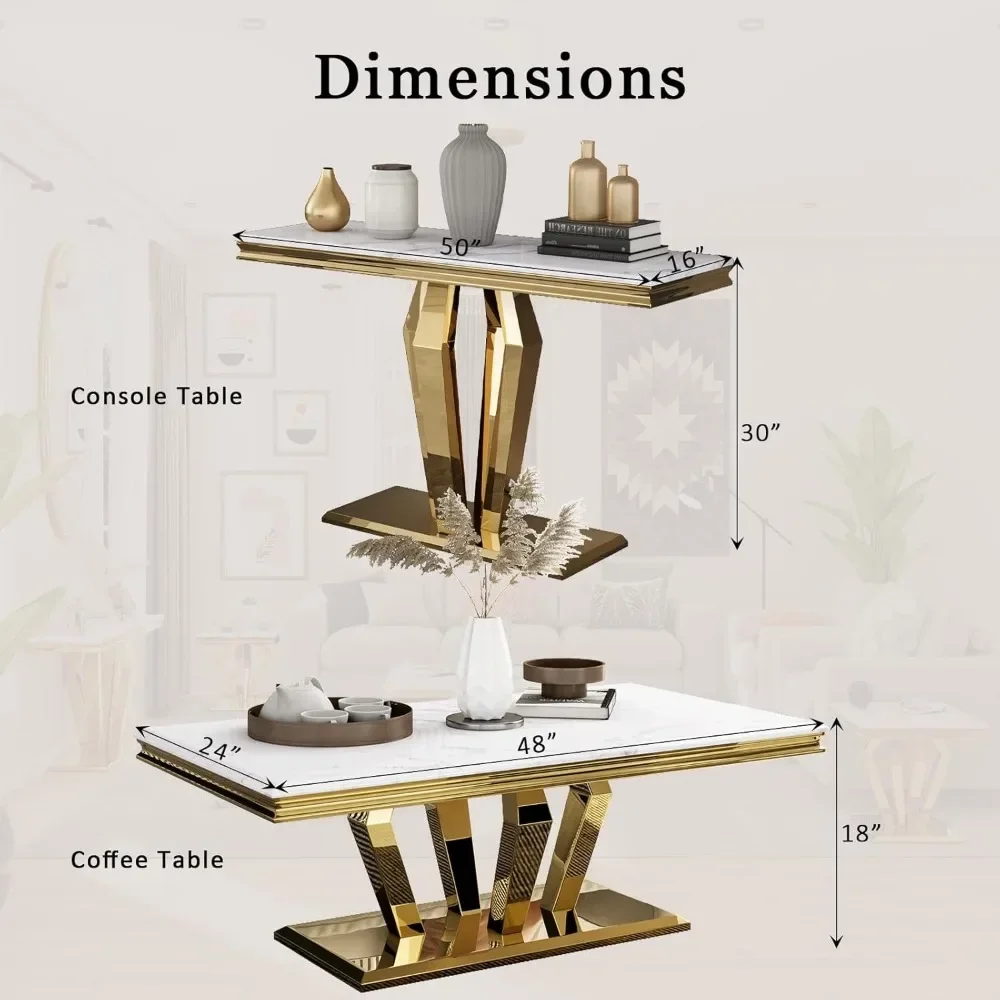 Table Basse Dorée Moderne de 48 Pouces avec 4 Bases Poli Géométriques, Console Rectangulaire, avec une Brittop Blanche