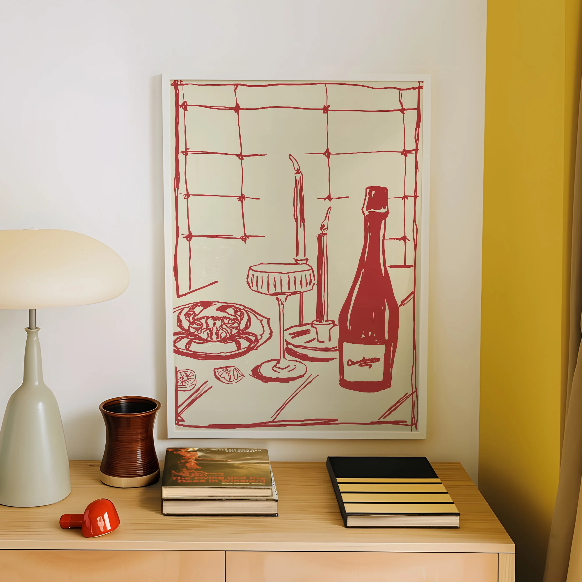 Red Hand Drawn Dining With Wine And Crab Modern Food Art For Pink Kitchen Decor Living Room Bedroom Home Decor