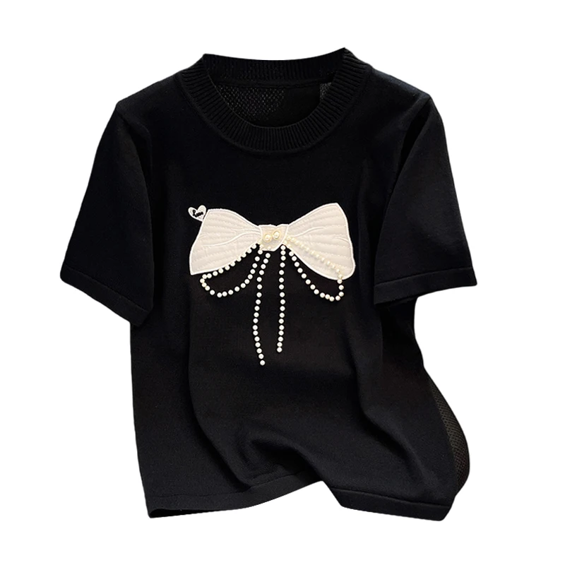 Stylish Fashion Knit Sweater T-shirts Women Bow Embroidery Pearl Beaded Short Sleeve Tees Tops 2024 Summer Elegant Chic Knitwear