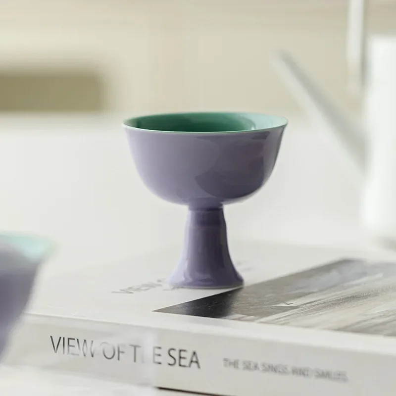 1Pc Hibiscus Purple Imitation Song High-foot Teacup Kung Fu Tea Set Household Ceramic Purple Turquoise Green TeaCup Master Cup
